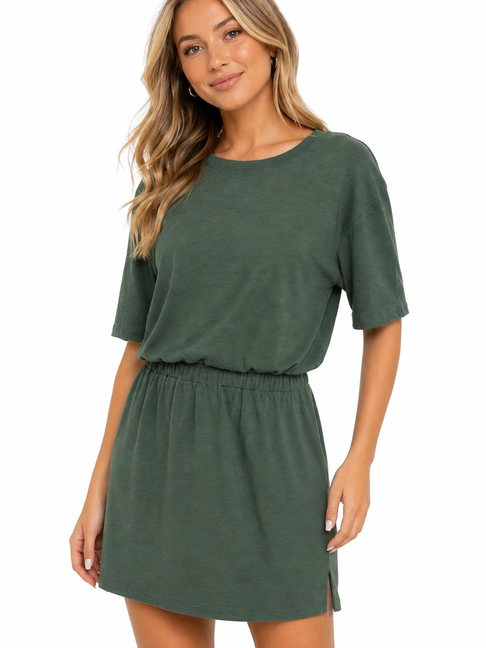 Old Navy Forest Green Elastic-Waist Mini Dress